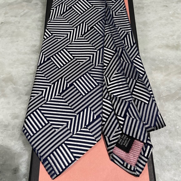 🔥ART DECO🔥✨💯AUTH LVMH THOMAS PINK STRIKING NAVY STACK GEOMETRIC MOTIF TIE - Picture 4 of 16